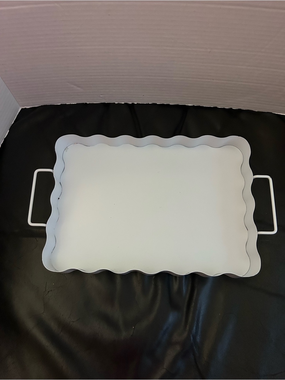 Ashland White Decorative Scalloped Metal Serving Tray with Handles